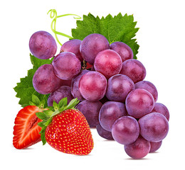 Fresh grapes and strawberry isolated on white background with clipping pass