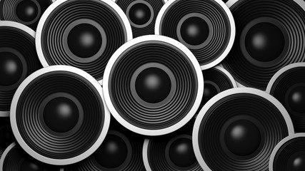 Multiple various size black sound speakers background. 3d illustration
