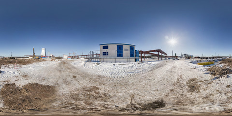 full seamless panorama 360 angle view in winter snow field place site construction of a mining...