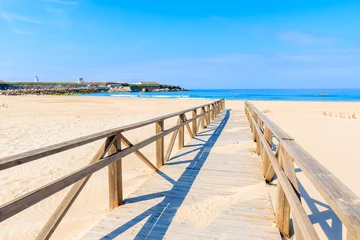 Papier Peint photo Plage de Bolonia, Tarifa, Espagne Walkway to sandy Tarifa beach, Andalusia, Spain