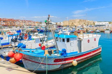Photo sur Plexiglas Plage de Bolonia, Tarifa, Espagne Bateaux de pêche dans le port de Tarifa, Andalousie, Espagne