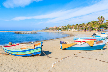 Fishing boats on beautiful beach near Marbella, Andalusia, Spain