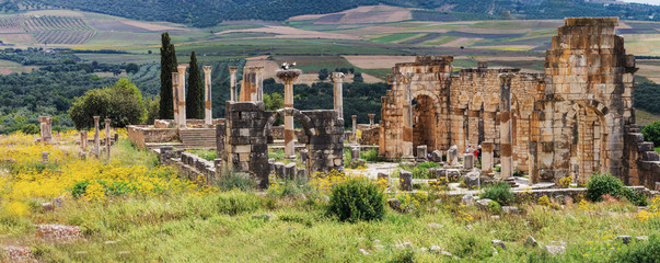 Panorama of Volubilis is a ruined Amazigh, then Roman city in Morocco near Mekne