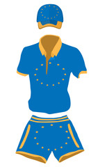 summer travel clothes set: shirt, baseball cap and shorts in Europa Union flag colors. vector drawing illustration