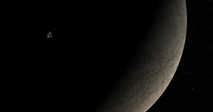 Long shot: the Galileo spacecraft in orbit around Europa. Reversible, can be rotated 180 degrees. Elements of this image furnished by NASA.