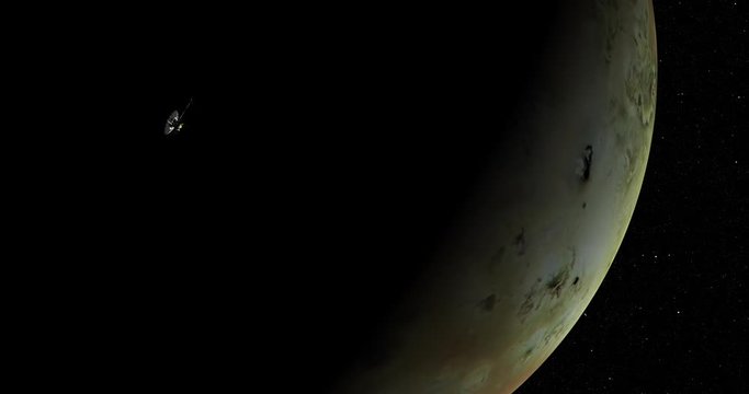 Long shot: the Galileo spacecraft in orbit around Io. Reversible, can be rotated 180 degrees. Elements of this image furnished by NASA.