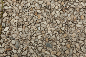 Pebble stone floor tile seamless background. Cement mixed gravel pebble stone floor texture. Wet round pebble stone rock floor in dramatic lighting.