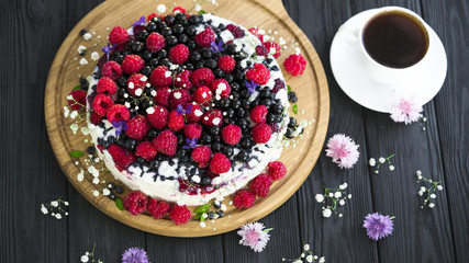 Cheese cake on wooden table.