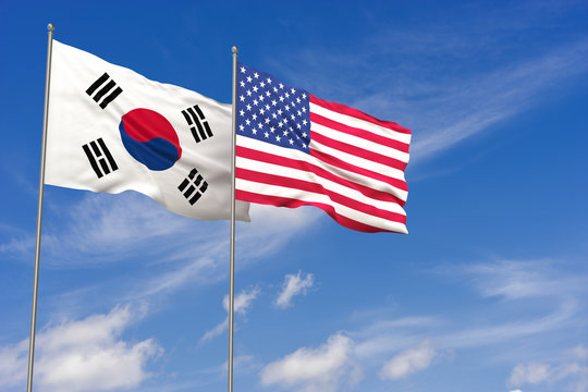 South Korea and USA flags over blue sky background. 3D illustration
