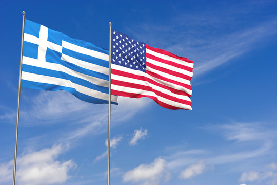 USA and Greece flags over blue sky background. 3D illustration