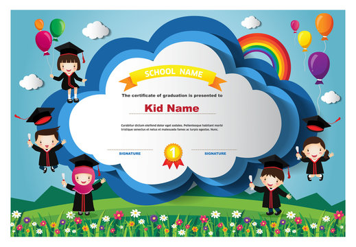 Preschool Kids Diploma certificate colorful background design template