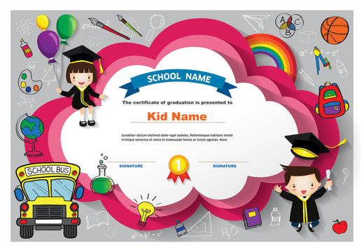 Preschool Kids Diploma certificate colorful background design template