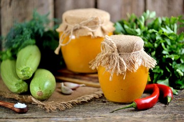 Homemade caviar from organic zucchini with onions, carrots, garlic and ripe tomatoes. Squash caviar.