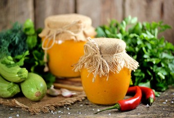 Homemade caviar from organic zucchini with onions, carrots, garlic and ripe tomatoes. Squash caviar.