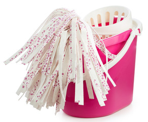 Red bucket  with mop isolated on white background