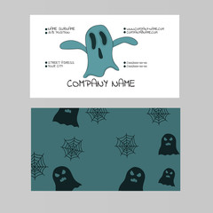 Template of a business card on a theme of a halloween with the image of a ghost. Vector illustration. Hand drawing