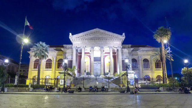 Night view of Teatro Massimo in Palermo, Sicily, Italy. Teatro Massimo Vittorio Emanuele opera house is the biggest in Italy and third largest of Europe. Time Lapse