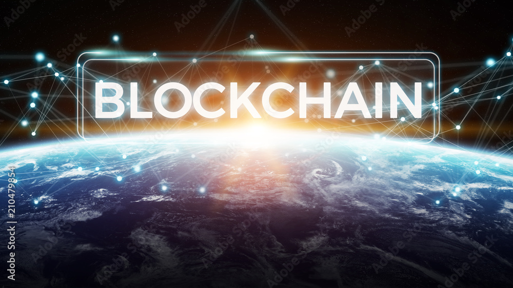 Aufkleber blockchain on planet earth 3d rendering