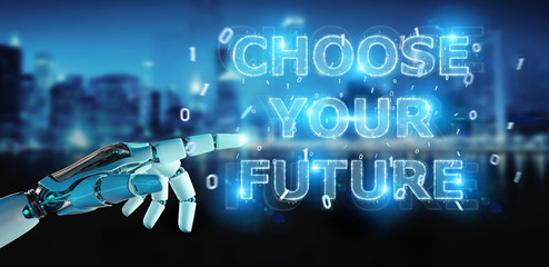 White cyborg hand using future decision text interface 3D rendering