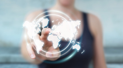 Businesswoman using digital world map interface 3D rendering