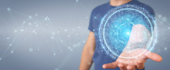 Businessman using digital sphere connection hologram 3D rendering