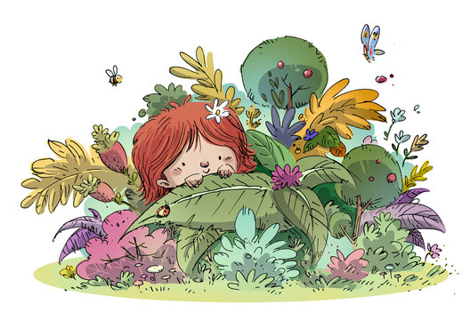 ni&ntilde;o entre plantas y flores