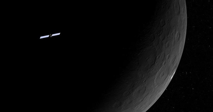 Long shot: the Dawn spacecraft in orbit around Ceres. Reversible, can be rotated 180 degrees. Elements of this image furnished by NASA.