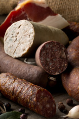 Assortment of german sausage specialties on kitchen table