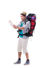 Man lost and looking for direction with map on white