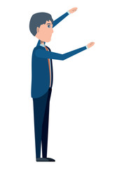 Cartoon businessman standing with arms up over white background, vector illustration