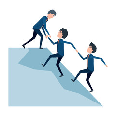 Cartoon businessman helping a others businessmen climb to the top over white background, vector illustration
