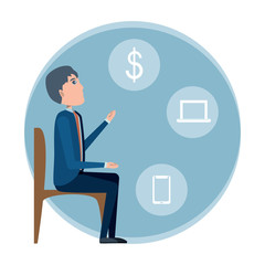 businessman sitting on a chair and related icons around over white background, vector illustration