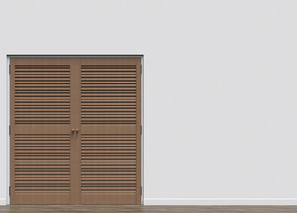 3d rendering. brown wooden closet door on gray copy space wall background.