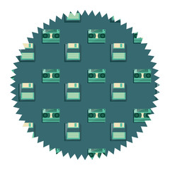 seal stamp with Casette and diskette pattern over white background, vector illustration