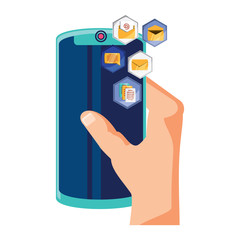 hand holding a smartphone device and related icons around over white background, vector illustration