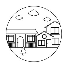 Frame in circle shape with traditional houses in a landscape over white background, vector illustration