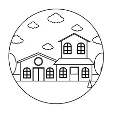 Decorative circular frame with landscape with modern houses over white background, vector illustration