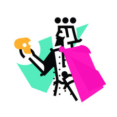 Logo for theatrical studio. Illustration of a Hamlet with a skull. The hero of the works of Shakespeare. Vector flat logo. The king's character on the stage. Corporate identity. Abstract modern logo.