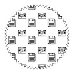 seal stamp with Casette and diskette pattern over white background, vector illustration