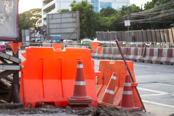 traffic cone, plastic wall construction area background