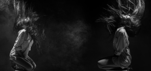 broken heart lonely girl can cry, smoke Fog on dark Background