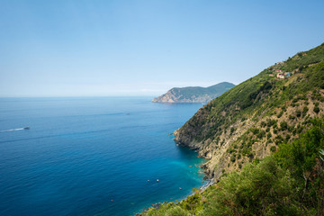 Fototapeta na wymiar Horizontal View of the Coastline on the Sea between Corniglia and Vernazza