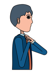 businessman adjusting his tie over white background, colorful design. vector illustration