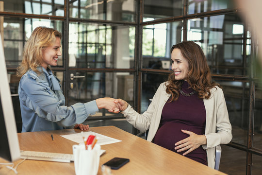 Pleasant cooperation. Joyful female colleagues working together and shaking hands
