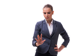 Young businesswoman pressing virtual button on white