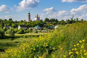 View of the church of Boris and Gleb and urban development on the background of yellow grass, the town of Borovsk
