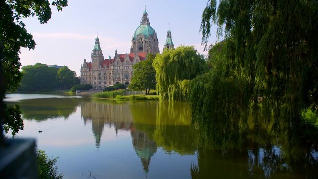 New City Hall of Hannover reflecting in water
