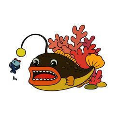 Lantern fish cartoon illustration isolated on white background for children color book