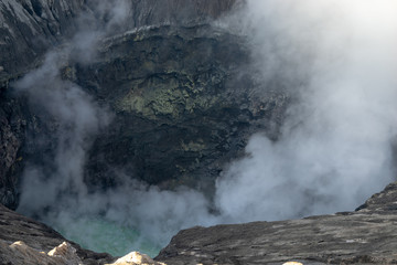 Inside view of Bromo's active crater. Mount Bromo (2,329 meters) is an active volcano and part of the Tengger massif, in East Java, Indonesia.