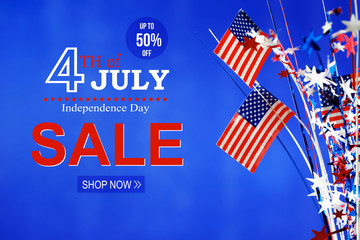 4th of July American Independence Day decorations on blue background